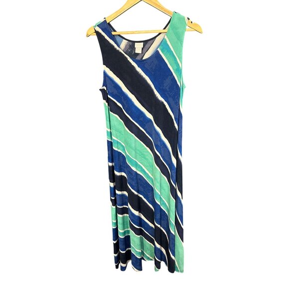 Chicos Travelers Sleeveless Striped Dress Size 2 (US 12) Blue & Green Stretch Fa - Picture 1 of 4